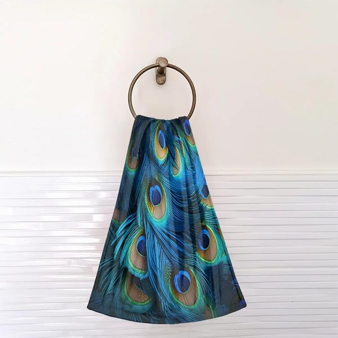 Green Blue Peacock Feather Hand Towels for Bathroom Set of 2, Decorative Bath Hand Towels, Soft Microfiber Absorbent Towel for Fitness, Yoga, Travel, Camping, Gym