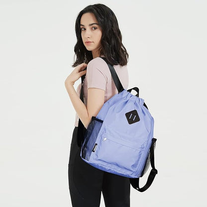 WANDF Drawstring Backpack Sports Gym Bag with Shoes Compartment, Water-Resistant String Backpack Cinch for Women Men (Small,Light Blue)
