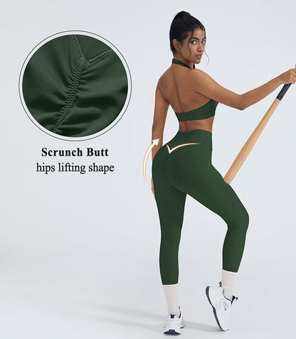 OMKAGI 2 Piece Workout Sets for Women Halter Sports Bras Gym Sets Booty Leggings Outfits