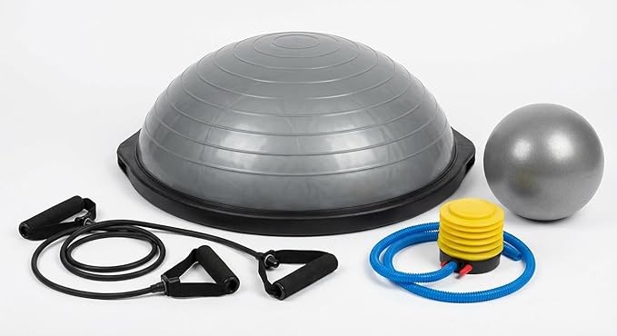 1 Pack PVC 23 Inch Yoga Half Ball with ABS Base Stability Ball - 6 Non-Slip Feet, 30 Inch Resistance Bands, Anti-Skid Yoga Ball, Adjustable Resistance Bands