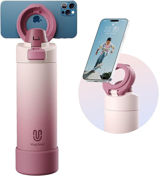 Insulated Magnetic Water Bottle - Reusable Stainless Steel Bottle with MagSafe Compatible Phone Holder - Perfect for Gym, Sports, and Travel - Blush Pink 24oz