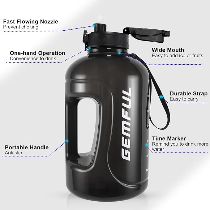 GEMFUL 3L Water Bottle with Straw & Time Marker Motivational Large Water Jug BPA-Free Leakproof Bottle 101oz for Gym Sports Fitness Hiking (Black with Removable Straw)