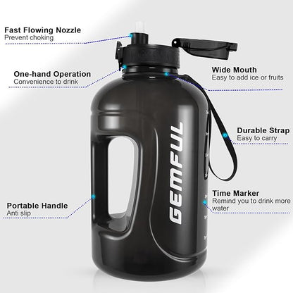GEMFUL 3L Water Bottle with Straw & Time Marker Motivational Large Water Jug BPA-Free Leakproof Bottle 101oz for Gym Sports Fitness Hiking (Black with Removable Straw)