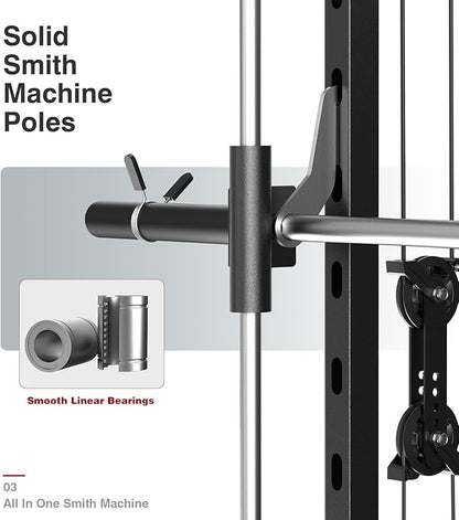 DONOW Smith Machine with Weight Stacks, Multi Function Home Gym System Training Power Cage Squat Rack Dual Cable Crossover Machine All in One