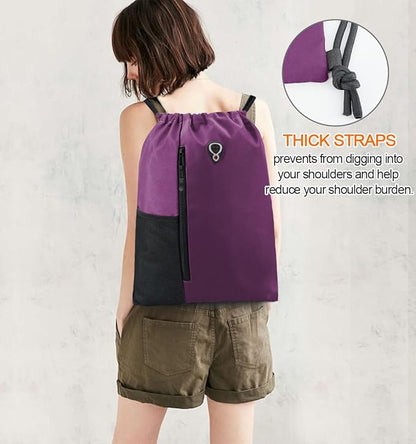 BeeGreen Purple Drawstring Backpack Gym Bag For Men & Women – Sports Sackpack with Mesh Water Bottle Holder & 2 Zippered Pockets – Large 16x20 Inch Cinch String Backpack