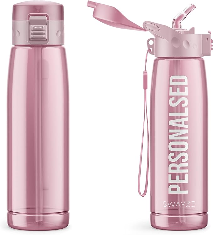 Personalised Water Bottle With Straw 660ml, School Water Bottles Boys Girls, Gym Bottle BPA Free Cycling Sports Add Your Custom Text To Bottle (Pink - Personalized)