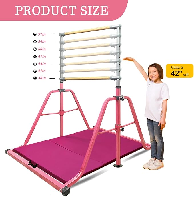 Foldable & Moveable Gymnastics Horizontal Bar with Rings,3’to 5’Adjustable Height Expandable Junior Kip Bar for Home,Indoor Gym Equipment for Kids
