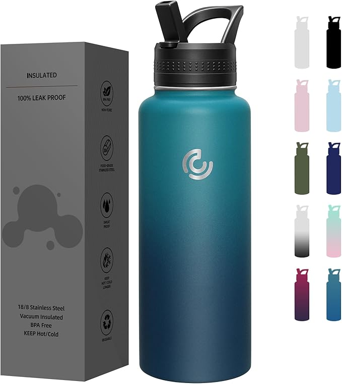 COKTIK 40oz Sports Water Bottle, Stainless Steel Water Bottle for Insulated, Reusable Travel Bottle, With Straw, With Handle Grip for Easy Carrying, Suitable for Cycling, Outdoor Vacations(Dark Night)