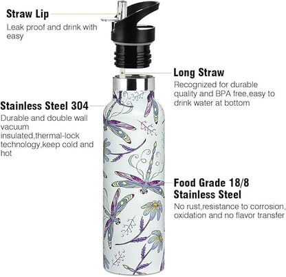 Dragonfly Sport Water Bottle with Straw, Vacuum Insulated Stainless Steel Thermal Drinking Travel Mug Cups For Gym Fitness Camping-20oz/600ml