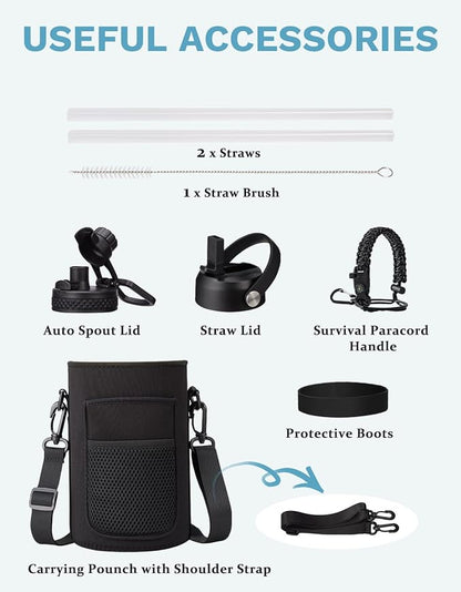 BENZZO 64 oz Water Bottle Insulated Leak Proof Travel Large 1/2 Half Gallon Water Jug Black for Christmas