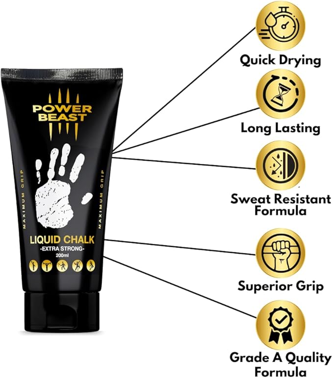 POWER BEAST Liquid Chalk, 2 Bottles Combo of 200 + 50 ML, Liquid Sports Chalk, Free Professional Hand Grip for Gym, Weightlifting, Rock Climbing, Gymnastics, Crossfit, Powerlifting, Pole Dance.