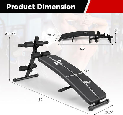 Goplus Adjustable Sit Up Bench for AB Exercise, Foldable Curved Slant Bench with High Density Foam Cushioned Seat for Strength Training, Incline Decline Workout Equipment for Home Gym, Black