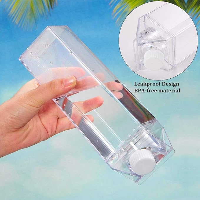 Milk Carton Water Bottle 33oz (1L) Plastic Clear Square Milk Bottles BPA Free Leakproof Water Bottle Portable Reusable Milk Carton Shaped Juice Bottle Perfect for Fitness Gym Camping Sports