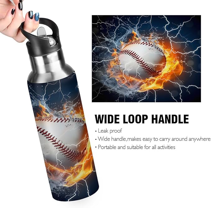 Baseball Vacuum Insulated Water Bottle Stainless Steel Kids Sport Mug with Straw Lid Wide Mouth Leakproof BPA Free for Bike Running Walking Outdoor 20 Oz