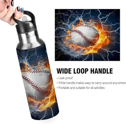 Baseball Vacuum Insulated Water Bottle Stainless Steel Kids Sport Mug with Straw Lid Wide Mouth Leakproof BPA Free for Bike Running Walking Outdoor 20 Oz