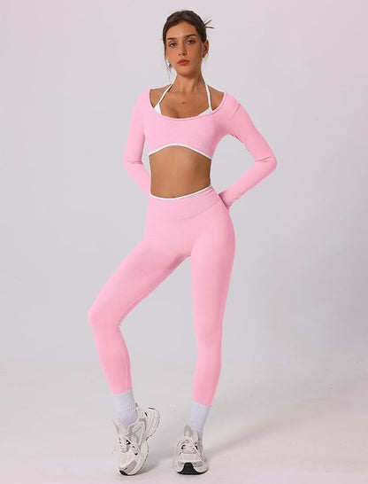 ABOCIW Workout Sets for Women Long Sleeve Crop Top Scrunch Butt Lifting High Waist Leggings 2 Piece Gym Yoga Outfits
