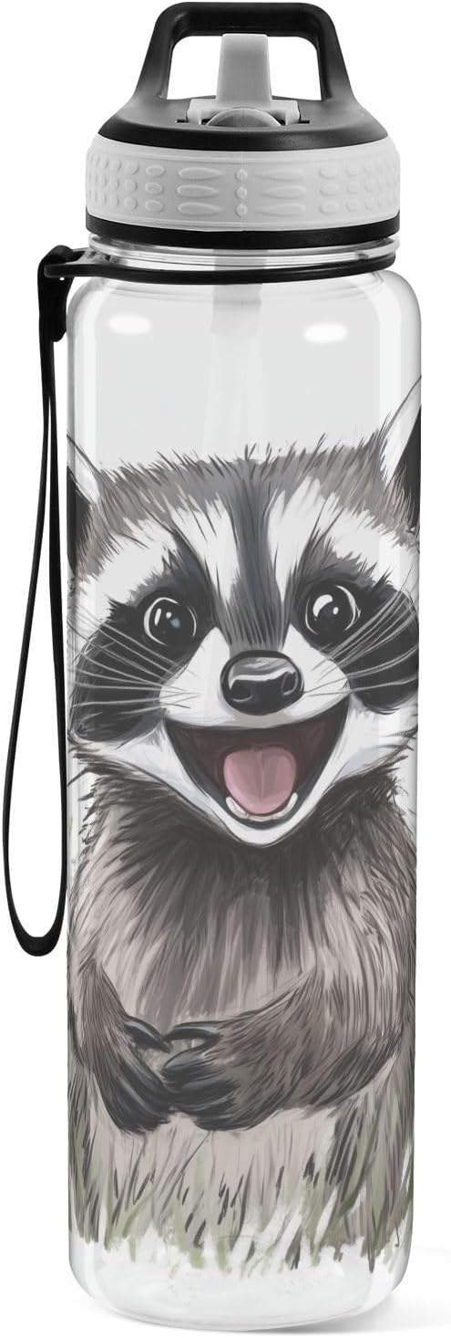Fustylead Happy Cute Raccoon 32oz Water Bottle with Straw, Leakproof Clear Sport Water Bottles for Gym Camping Hiking Travel
