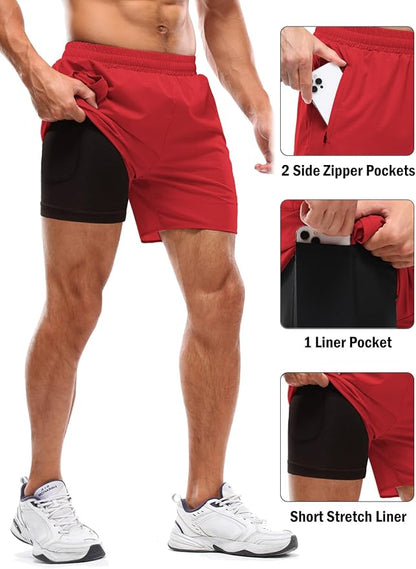 Aolesy Men's 2 in 1 Running Shorts 5" Workout Gym Athletic Shorts for Men Quick Dry Lightweight Training Shorts with Pockets