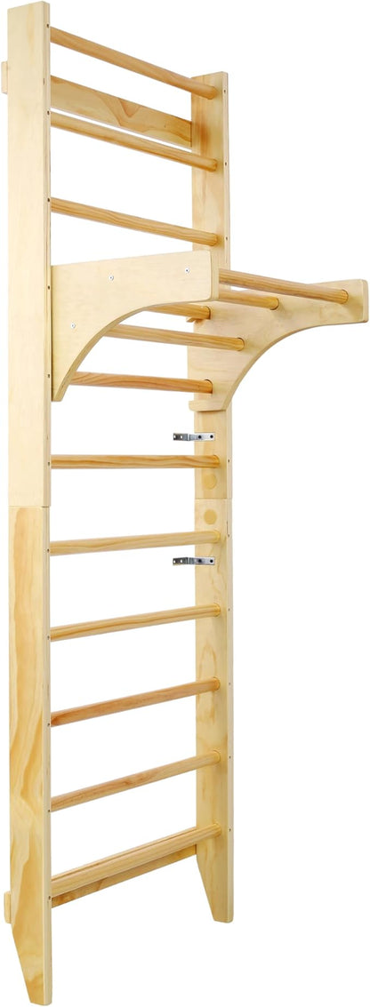 Adjustable Swedish Stall Bars & Pull-Up Bar for Home Gym, Physical Therapy - Heavy-Duty Beech/Pine Wood, Space-Saving Wall-Mounted Design