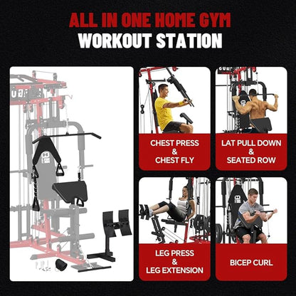 All in One Home Gym System Workout Station, Multi-Function Smithe Machine Power Cage with Cable Crossover System, Tripe-Sided Independent Load Posts, Functional Trainer for Full Body Training