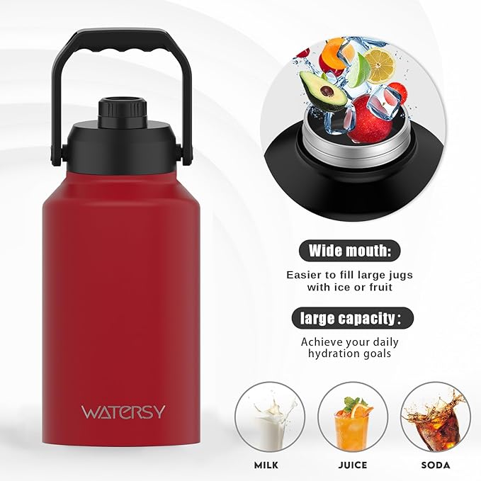 WATERSY 2/3 Gallon Water Bottle Insulated(Cold for 48 Hrs),BPA Free&Leak Proof,87oz Stainless Steel Water Jug/Flask,Big thermo,Large Water Bottle with Handle for Gym,Hiking,Camping,Red