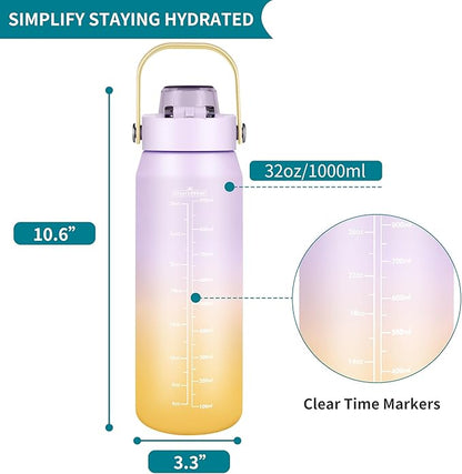Motivational Water Bottle 32oz with Time Marker- Leakproof & BPA Free Sports Water Bottle with Straw & Carry Strap for Gym, Travel and Outdoor Sports (Purple/Yellow Gradient)