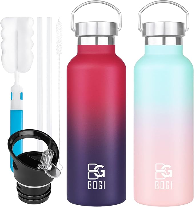 BOGI 20oz Insulated Stainless Steel Water Bottles - 2 Pack Wide Mouth Leakproof with Straw and Handle, BPA Free for School, Fitness, Outdoor Sports