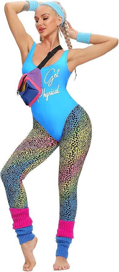 MIAIULIA Womens 80s Workout Costume Outfit 80s Accessories Set Leotard Neon Legging Headband Wristbands Set