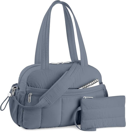 TOPDesign Travel Duffel Bag for Women, Puffer Gym Bag Sports Tote with Wet Pocket, Carry On Weekender with Luggage Sleeve (Blue Grey)