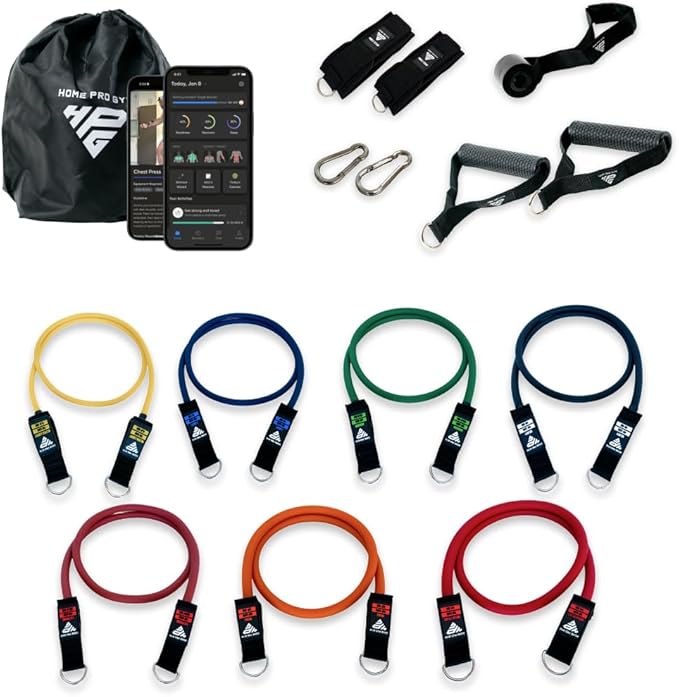 HomeProGym Stackable Resistance Band Set - with Up to 450LBS of Resistance, Band Bar, Premium Handles, Heavy Duty Door Anchor, Padded Ankle Straps, Digital Workout Guide