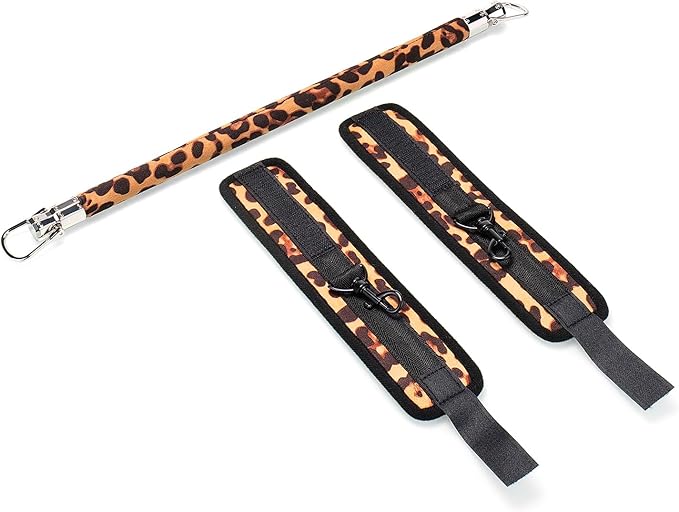 Fixed Wooden Leopard Spreader Bar with 2pcs PU Furry Leopard Detachable Adjustable Straps,Sports Aid Training Fitness Gear Pilates Aid Kit,Home Indoor Sports Yoga Set