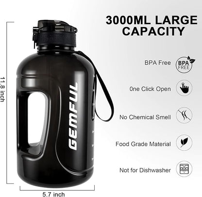 GEMFUL 3L Water Bottle with Straw & Time Marker Motivational Large Water Jug BPA-Free Leakproof Bottle 101oz for Gym Sports Fitness Hiking (Black with Removable Straw)