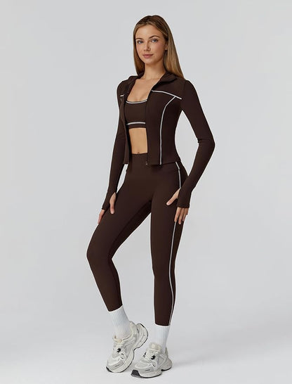 Womens workout sets Contrast Long Sleeve Jacket with Sports Bra and Butt-lifting Pants Yoga Outfits 3 Pieces Set