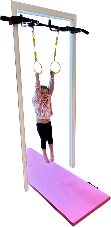 Kids Doorway Gym Swing Set + Pull Up Bar 6 in 1 Indoor Gym Playground Combo for Children, Includes Swing Seat, Climbing Cargo Net, 2X Gymnastic Trapeze Rings, Rope Ladder, Full Accessory