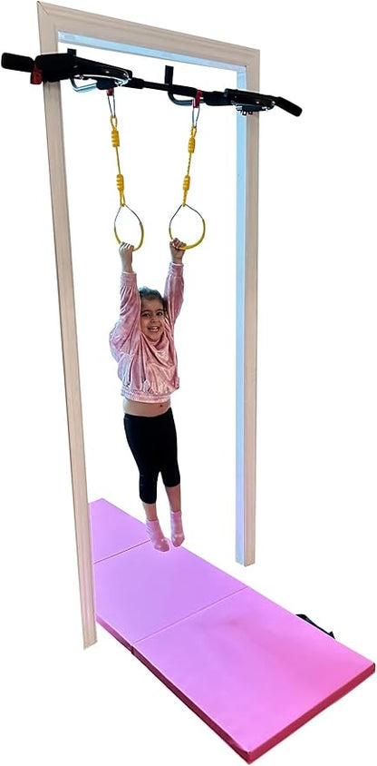 Kids Doorway Gym Swing Set + Pull Up Bar 6 in 1 Indoor Gym Playground Combo for Children, Includes Swing Seat, Climbing Cargo Net, 2X Gymnastic Trapeze Rings, Rope Ladder, Full Accessory