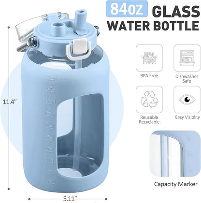84oz Glass Water Bottle with Stainless Steel Handle,2.5L Gallon Water Bottle with 2-IN-1 Straw Lid, Silicone Sleeve and Motivational Capacity Marker, Wide Mouth Water Jug For Gym, Workout, Blue