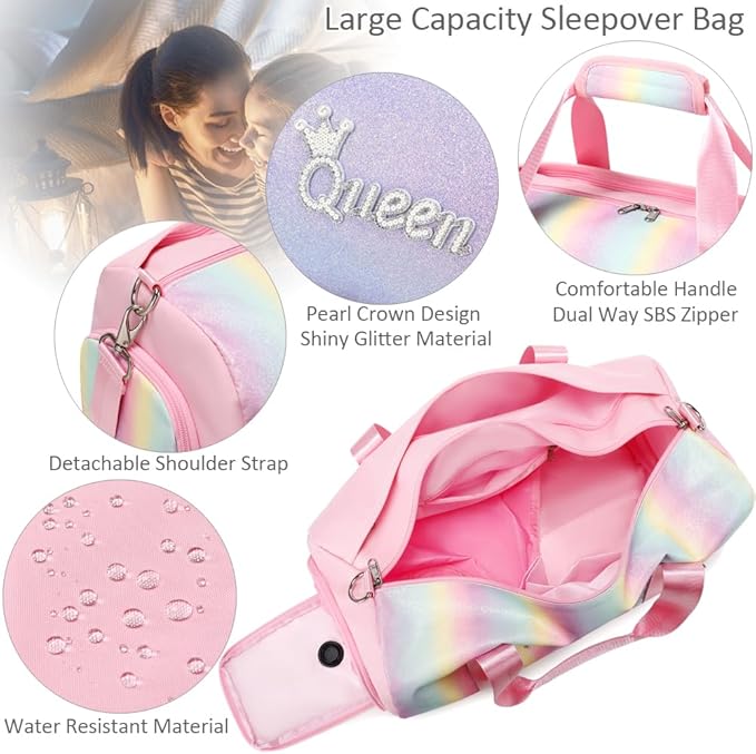 Dance Duffle Bag for Girls Shiny Rainbow Glitter Sports Gym Bag for Girls Weekender Overnight Sleepover Travel Duffel with Shoes Compartment