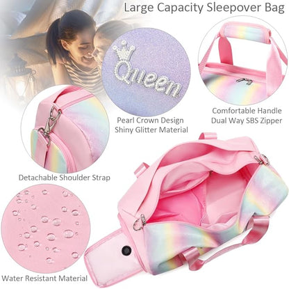 Dance Duffle Bag for Girls Shiny Rainbow Glitter Sports Gym Bag for Girls Weekender Overnight Sleepover Travel Duffel with Shoes Compartment