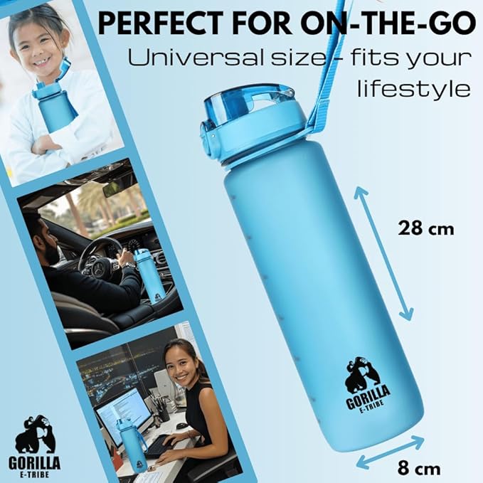 Blue Water Bottle Time Marker (32oz) - Daily Intake Tracking - BPA Free & Leak Proof Protein Shake Bottle - Ideal for Gym, Office, School & Hiking