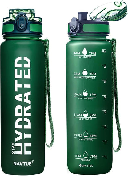 Water Bottle, 32oz Sports Water Bottles with Time Marker Wide Mouth, Motivational and Leakproof Drink Bottle, BPA Free Tritan with Carry Strap for Gym Fitness Outdoor (1 Bottle)