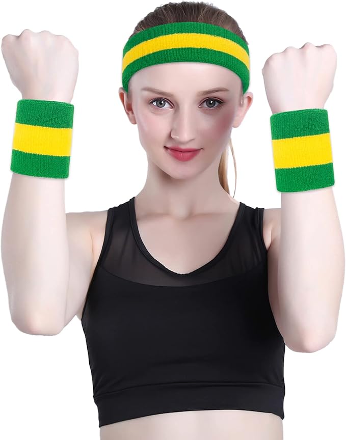 ONUPGO 5 Pieces Sweatbands Striped Socks Set Sports Headband Wristbands High Tube Socks 80s Accessories Costumes