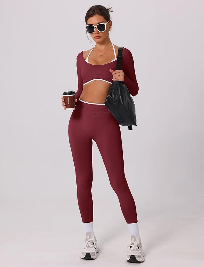 ABOCIW Workout Sets for Women Long Sleeve Crop Top Scrunch Butt Lifting High Waist Leggings 2 Piece Gym Yoga Outfits