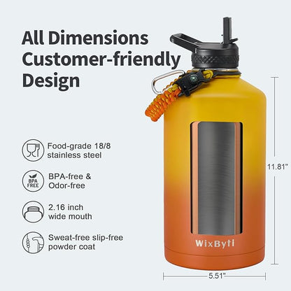 One Gallon Water Bottle Insulated, Triple Wall Vacuum Cold for 48 Hrs & Leak-proof & Non-BPA, 128oz Large Sports Stainless Steel Water Jug with Paracord Handle Straw Spout Lids & DIY Stickers