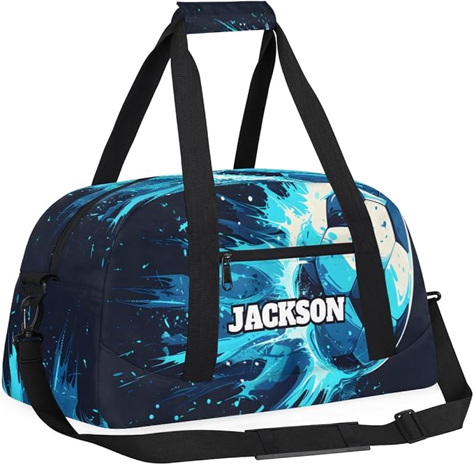 Personalized Soccer Gym Duffel Bags for Kids Boys with Custom Name Sport Training Travel Bags for Overnight Weekender, Black Cyan