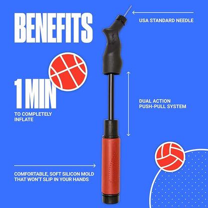 SPORTBIT Ball Pump for Sports Balls - Push & Pull Inflating System - Hand Pump for All Exercise Balls - Volleyball Pump, Basketball Inflator, Football & Soccer Ball Air Pump - Goes with 5 Needles Set