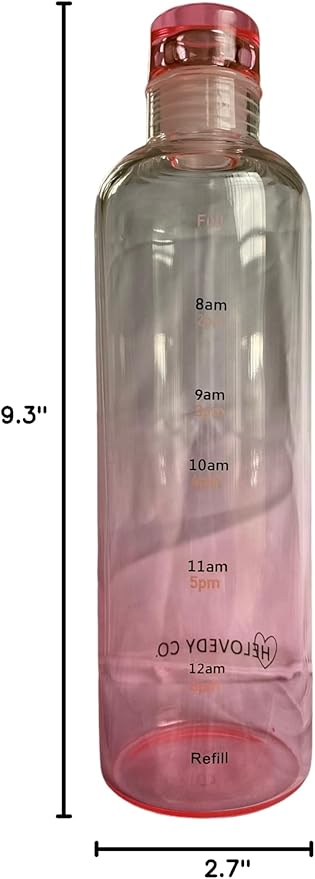 Glass Water Bottle16 oz, 100% borosilicate, Pink, Clear & Blue Motivational Measurements w/Time, BPA-Free, Eco-friendly, for Gym, Sports, Travel, Fitness, or Work. (Clear Pink 500ml)