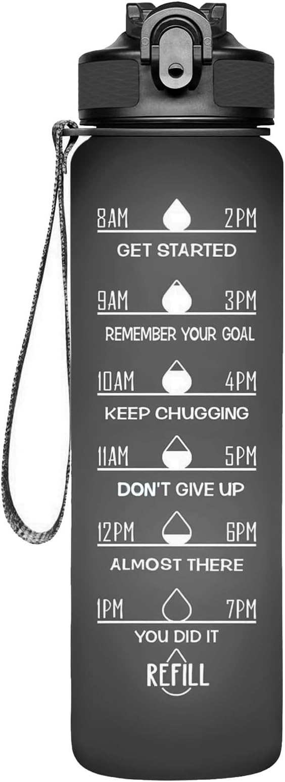 Frosted Style Sports Water Bottle 32 oz - BPA Free With Time Marker, Small Mouth Leakproof for Gym, Fitness, Hiking, Bike, Camping (B)