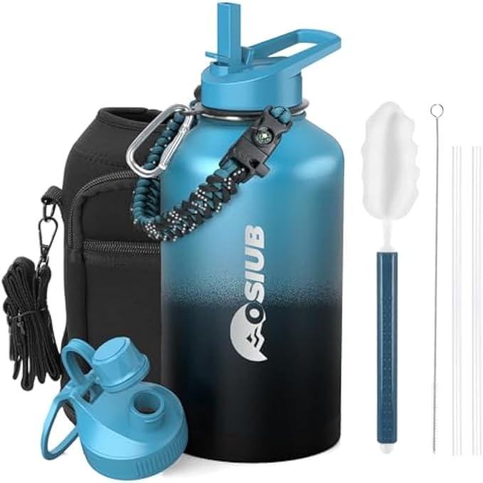 Insulated Water Bottle 64 oz, Triple Wall Vacuum Stainless Steel(Cold for 48 Hrs),Leak Proof & BPA-Free,Half Gallon Water Bottle with Reflective Paracord & Flip Straw for Sports & Travel, Indigo-Black