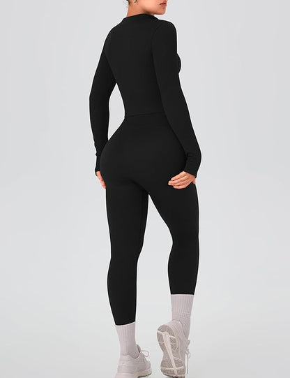 OLCHEE Womens Workout Sets 2 Piece Seamless Ribbed Long Sleeve Yoga Outfits High Waist Leggings Zipper Jacket Thumb Hole Gym