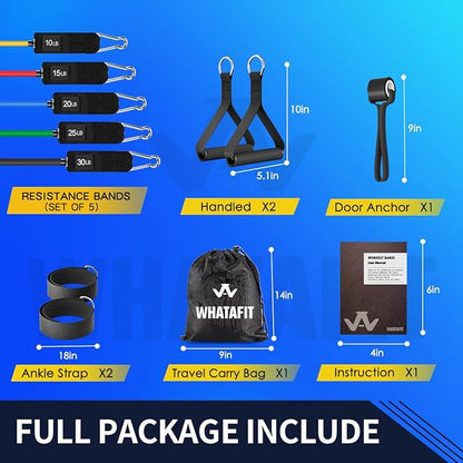 WHATAFIT Resistance Bands Set with Handles - Exercise Bands Home Gym Strength Training Equipment, Includes Door Anchor & Ankle Straps for Full Body Workout Bands, Physical Therapy